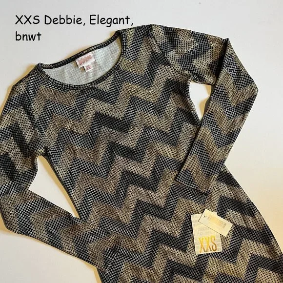 LuLaRoe | Dresses | Xxs Lularoe Debbie Longsleeved Elegant Bodycon Dress  Gold Black Zigzags